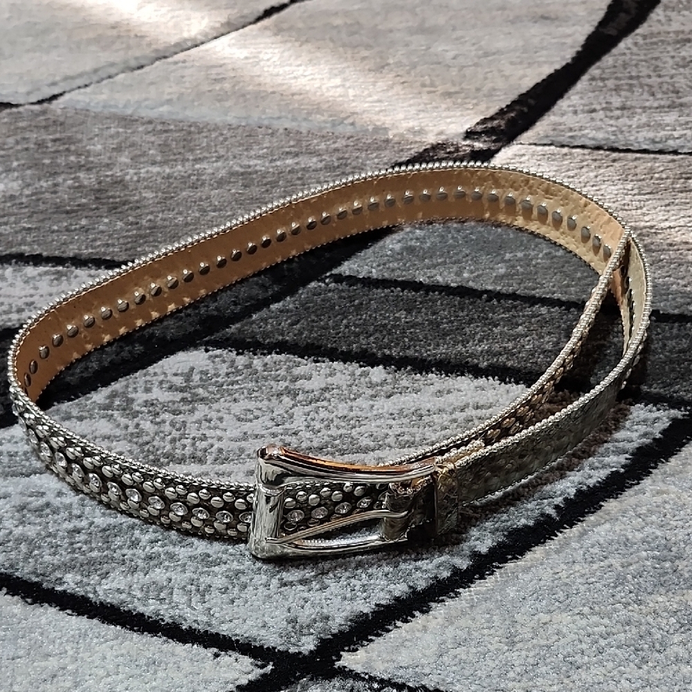 SNAKESKIN PRINT GOLD & SILVER FAUX-LEATHER STUDDED & RHINESTONES ACCENTS BELT L